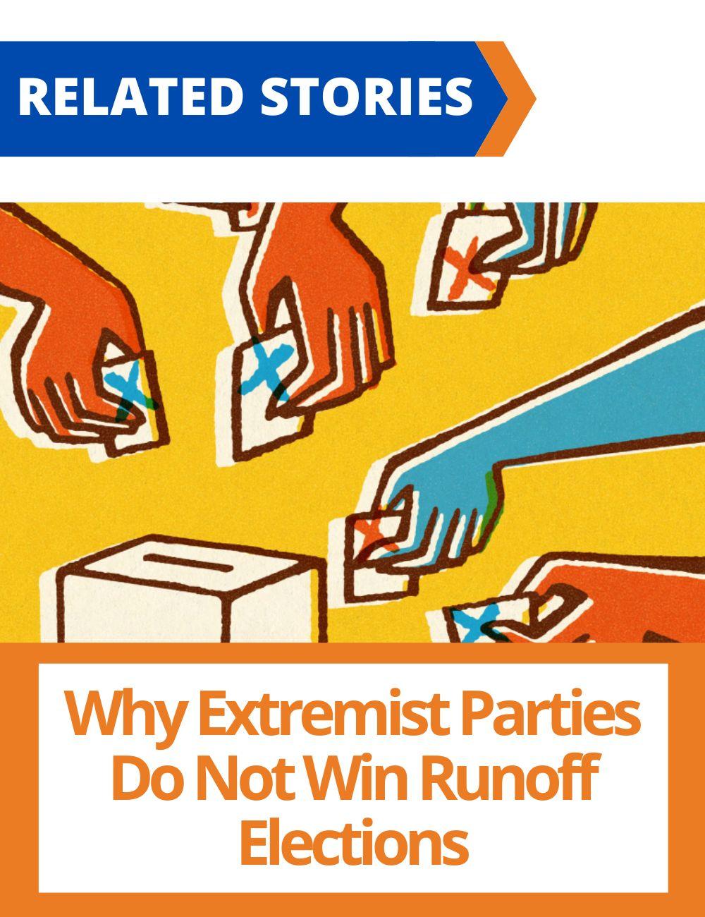 Link to related stories. Image: voting. Story headline: Why Extremist Parties Do Not Win Runoff Elections