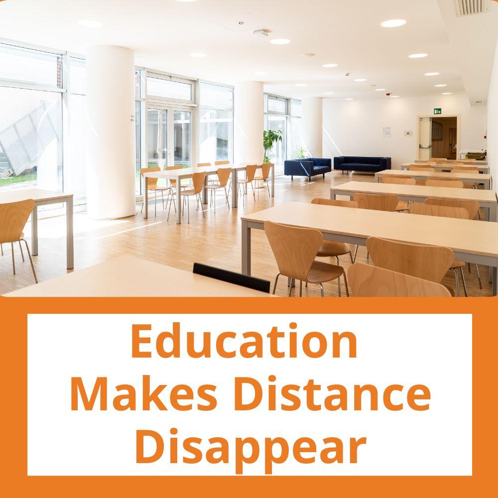 Link to related stories. Image: empty classroom. Story headline: Education Makes Distance Disappear