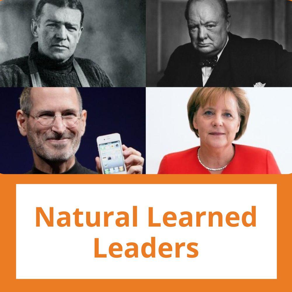 Link to related stories. Image: Shackleton, Churchill, Merkel, and Jobs. Story headline: Natural Learned Leaders 