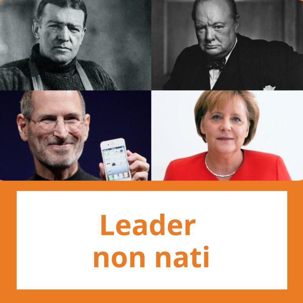Immagine con link ad articoli su temi simili. L'immagine di Shackleton, Churchill, Merkel e Jobs rimanda all'articolo intitolato: Leader non nati