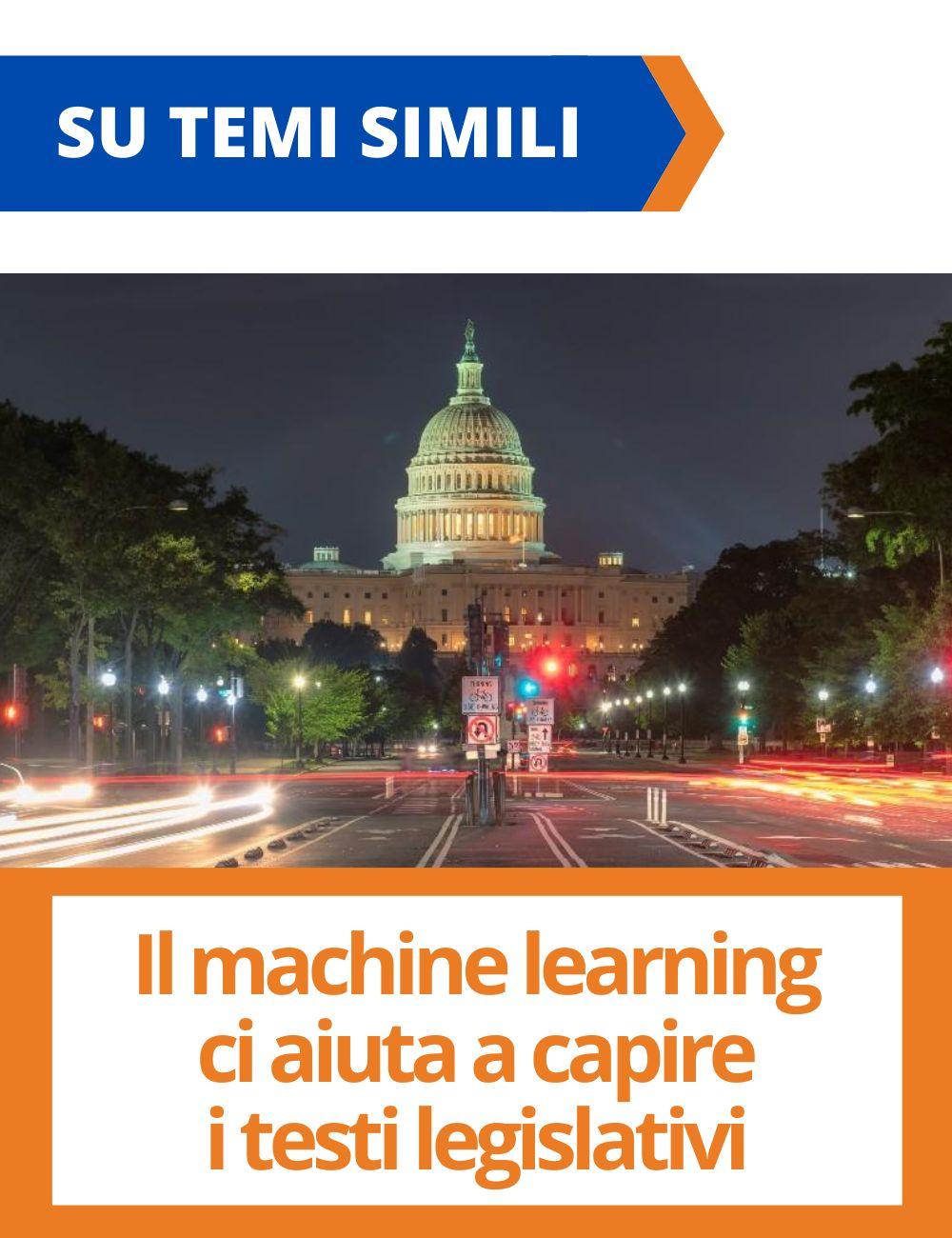 Immagine con link ad articoli su temi simili. L'immagine del Capitol Building di Washington D.C. rimanda all'articolo intitolato: Il machine learning ci aiuta a capire i testi legislativi
