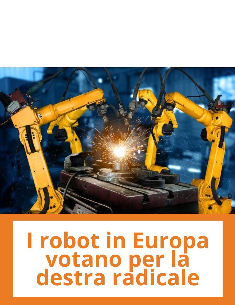 Immagine con link ad articoli su temi simili. L'immagine di robot industriali rimanda all'articolo intitolato: I robot in Europa votano per la destra radicale